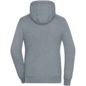 A grey zip-hoodie featuring a hood and long sleeves, with a logo on the back.
