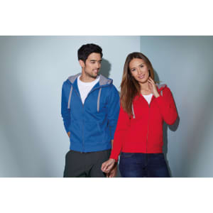 A blue hoodie on a man and a red hoodie on a woman, both featuring a hood and contrasting details.