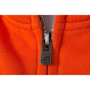 An orange zip hoodie featuring a metal zipper pull and a logo on the zip.