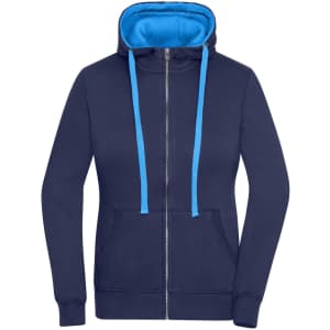 A navy zip-up hoodie with a bright blue interior and drawstrings, featuring a front pocket and a logo.