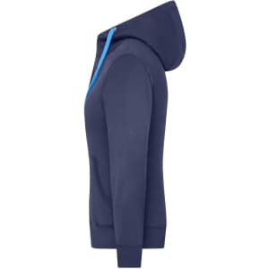 A navy blue zip hoodie with a contrasting blue hood drawstring and a front pocket, featuring a logo.