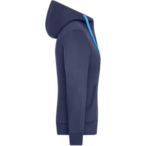 A navy zip-hoodie with a contrasting blue zip, featuring a hood and front pockets. It has a logo.