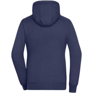 A navy blue zip hoodie featuring a hood and a plain back. It has a logo on the fabric.