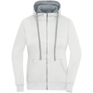 A white zip-up hoodie featuring a grey hood and drawstrings, with a front pocket and a logo.