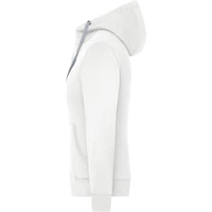 A white ladies' zip-hoody with a hood and front pocket, featuring a logo on the side.