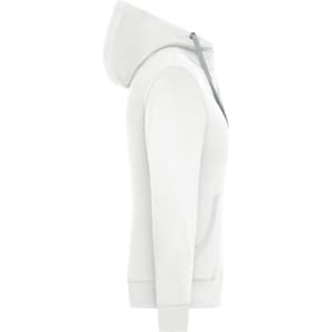 A side view of a white zip-hoodie with a hood and a front pocket. The hoodie has a logo.