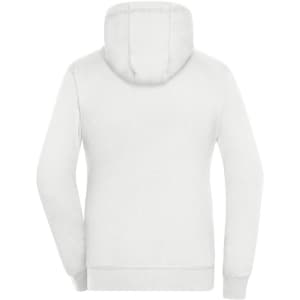 A white ladies zip hoodie with a hood, featuring long sleeves and a smooth texture. It has a logo.