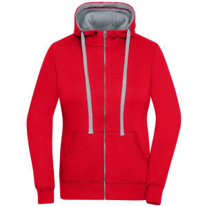 A red zip hoodie featuring a grey interior and drawstrings, with a front pocket and a logo on the left side.