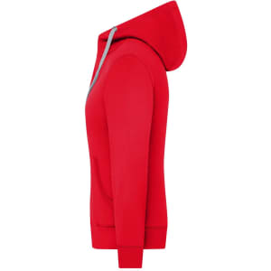 A red zip hoodie with a hood, featuring a front pocket and a logo on the chest.