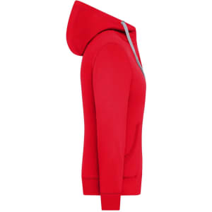 A red zip-up hoodie featuring a hood and front pocket, with a grey accent on the zipper.