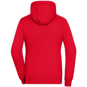 A red zip hoodie with a hood and long sleeves, featuring a back view and a branding logo.
