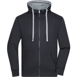 A black zip hoodie with a grey interior, featuring a front pocket and contrasting drawstrings.