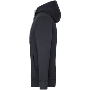 A black men's zip hoodie displayed from the side, featuring a hood and a kangaroo pocket, with a logo.
