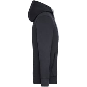 A side view of a black zip-up hoodie, featuring a hood and front pockets, with a small logo on the chest.