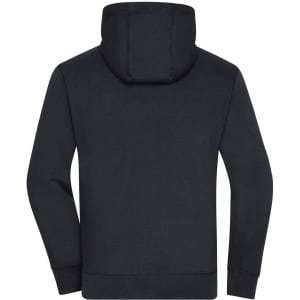 A black men's lifestyle zip hoodie featuring a spacious hood and long sleeves. It has a simple design and includes a logo.
