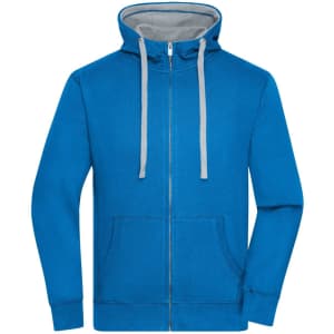 A blue zip-up hoodie with a grey inner lining and drawstrings, featuring a front pocket and a logo.