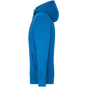 A vibrant blue men's zip-up hoodie featuring a hood and front pockets, with a logo on the side.