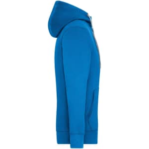 A blue men's zip hoodie featuring a hood and front pockets, with a logo on the chest.
