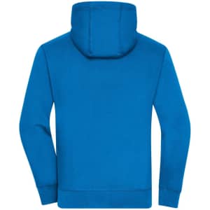 A bright blue men's zip-up hoodie featuring a spacious hood and a back view, with a branding logo present.