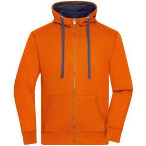 An orange zip-up hoodie with a navy lining and pockets, featuring a logo.