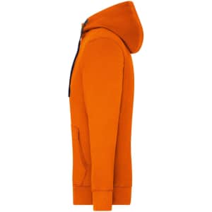 An orange zip-hoodie with a front pocket and a hood, featuring a logo.