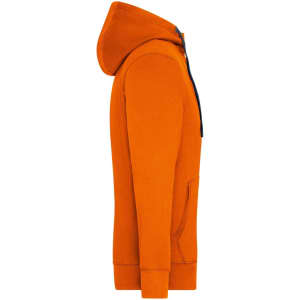 An orange zip hoodie featuring a hood and front pocket, with a logo on the chest.