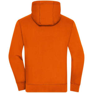 An orange men's zip hoodie featuring a hood and a back view, with a logo on the side.