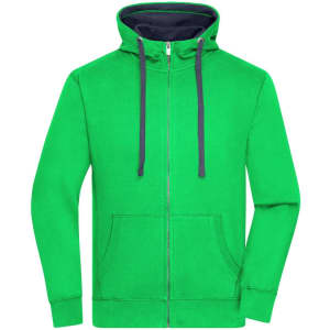 A green zip-up hoodie featuring a darker blue interior and a front pocket, complete with a logo.