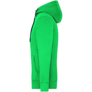 A bright green zip-hoodie with a hood and front pockets, featuring a logo on the chest.