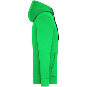 A green men's zip hoodie featuring a hood, side pockets, and a logo on the front.