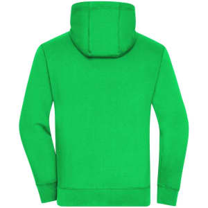 A green zip hoodie with a hood, featuring long sleeves and a back view. It has a logo.