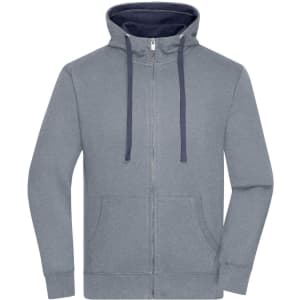A grey zip-up hoodie featuring a navy inner lining and a front pocket, complete with a logo.