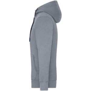 A grey zip hoodie featuring a hood and front pocket, with a branding logo visible.