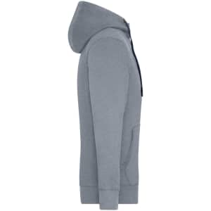 A grey men's lifestyle zip hoodie with a front pocket and a hood, featuring a logo.