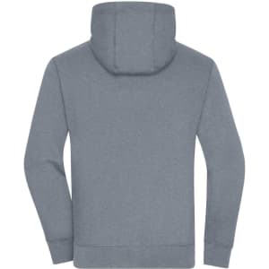 A grey zip-hoodie with a hood and long sleeves, showcasing a simple design. It features a logo on the back.