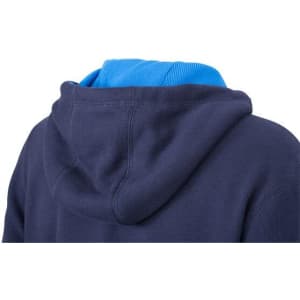 A navy zip-hoodie with a blue inner lining, featuring a hood and no visible branding.