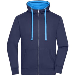 A navy blue zip hoodie featuring a light blue inner lining and drawstrings, with a front kangaroo pocket and a logo.