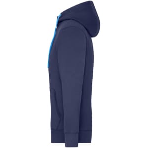 A navy blue men's zip hoodie with a contrasting blue zipper and a front pocket. The hoodie has a logo.