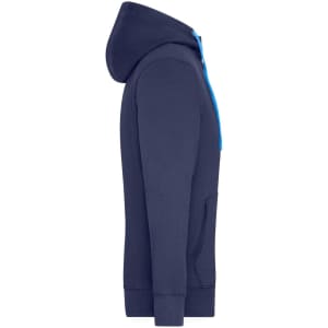 A navy blue men's zip-up hoodie with a blue accent, featuring a hood and a front pocket. It has a logo.