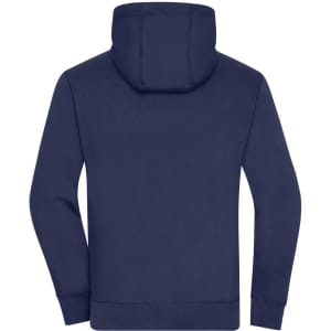 A navy blue men's zip-hoodie featuring a plain design and a back hood. It has a logo on the garment.