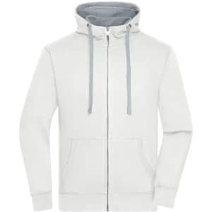 A zip-up hoodie in light grey with a contrasting hood, featuring front pockets and drawstrings.