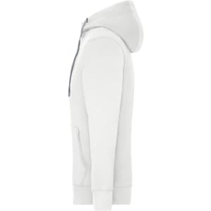 A white zip hoodie with a hood and a front pocket, featuring a logo on the chest.