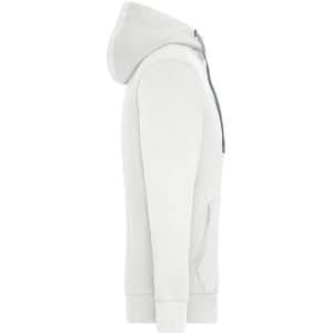 A white men's zip hoodie, featuring a hood, zip closure, and front pockets. It has a logo on the design.