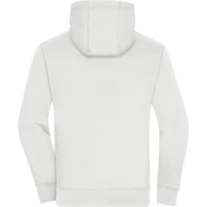 A grey zip hoodie viewed from the back, featuring a hood and long sleeves. It has a small logo on it.