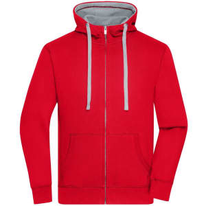 A red zip-up hoodie with a grey interior, featuring a front pocket and a logo on the chest.
