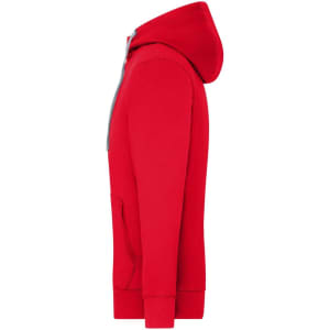A red zip hoodie with a grey-lined hood, featuring a front pocket and a logo.