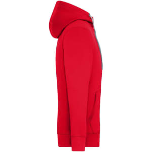 A red men's zip hoodie featuring a hood and side pockets, with a logo on the front.