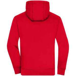 A red zip-hoodie featuring a hood and long sleeves, with a simple design and branding on the garment.