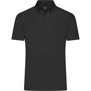 A plain black men's polo shirt with a collar and button front, featuring a small logo on the chest.