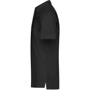 A black men's plain polo shirt with short sleeves and a collar, featuring a logo.
